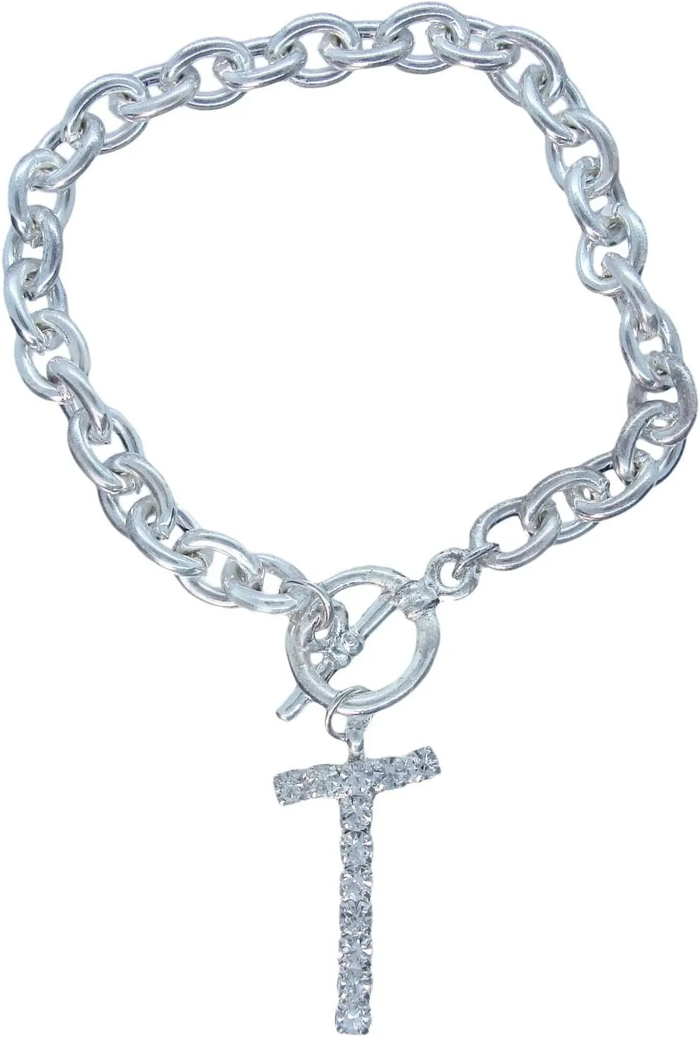 Initial T Letter Charm Bracelet Crystal Rhinestone Silver Tone 7 3/4" Fashion Bracelets for Women Trendy Accessories for Women Stylish Additions Chic Details
