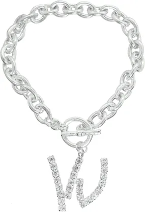 Initial W Letter Charm Bracelet Crystal Rhinestone Silver Tone 7 3/4" Fashion Bracelets for Women Trendy Accessories for Women Stylish Additions