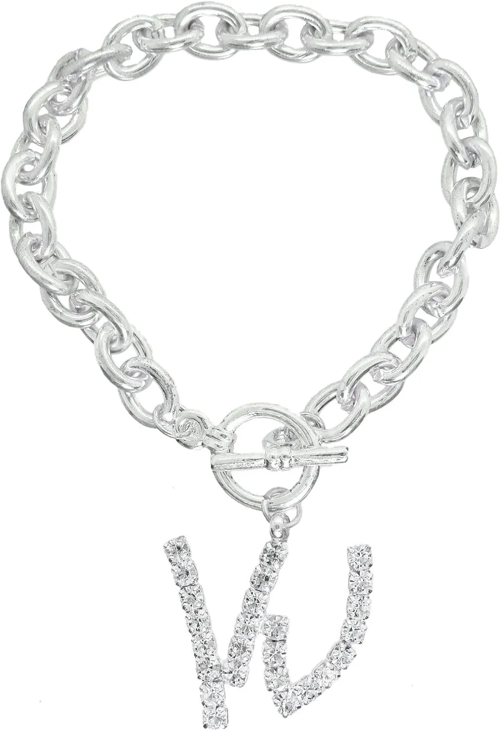 Initial W Letter Charm Bracelet Crystal Rhinestone Silver Tone 7 3/4" Fashion Bracelets for Women Trendy Accessories for Women Stylish Additions