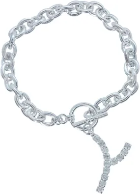 Initial Y Letter Charm Bracelet Crystal Rhinestone Silver Tone 7 3/4" Fashion Bracelets for Women Trendy Accessories for Women Stylish Additions