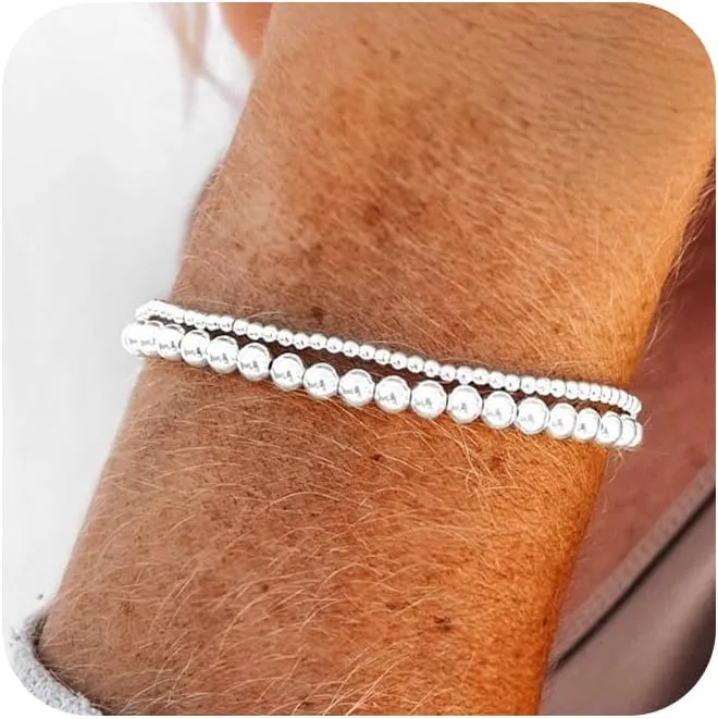 Layered Elastic Stretch 2MM/4MM/6MM Beaded Bracelets - Dainty 14K Gold/Silver Plated Stack Bracelet Set Size of 6.5inch for Women Trendy Jewelry Gift