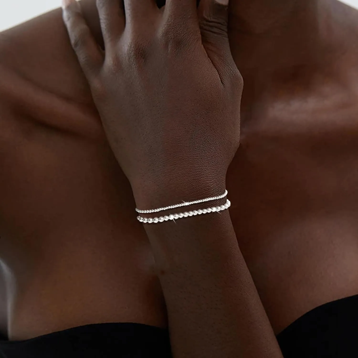 Layered Elastic Stretch 2MM/4MM/6MM Beaded Bracelets - Dainty 14K Gold/Silver Plated Stack Bracelet Set Size of 6.5inch for Women Trendy Jewelry Gift