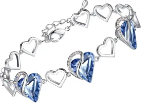 Leafael Valentine's Day Heart Link Bracelets for Women, Infinity Love Birthstone Crystal Charms or Healing Stones, Silver Plated Jewelry Gifts for Her, 7-inch Chain and 2-inch Extender