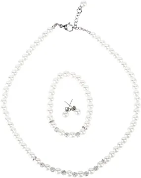 LEILE 8mm Faux Crystal Glass Imitation Pearls Necklace Bracelet Earring Butterfly Pendant Jewelry 3 set For Girl Kids