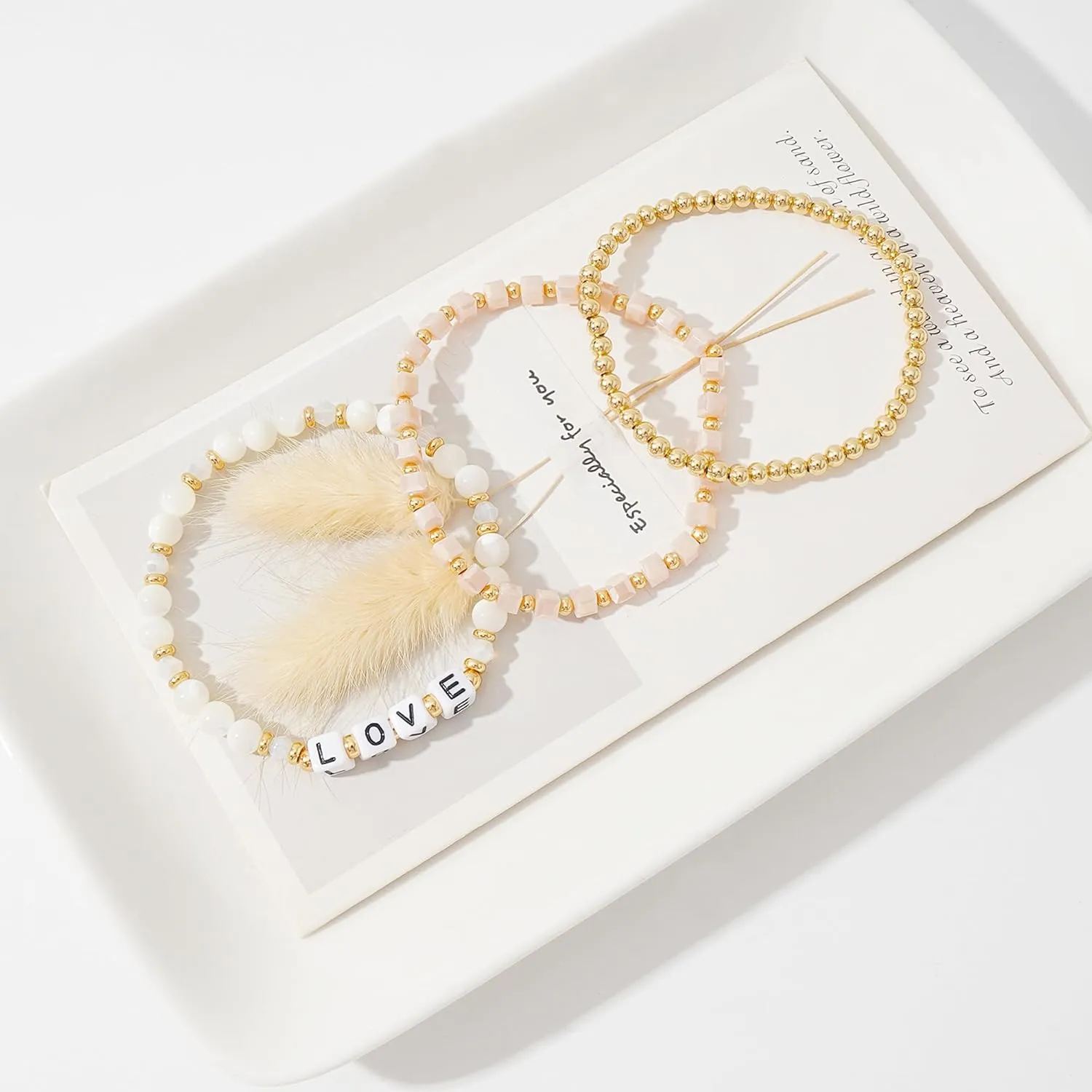 MAMA Bracelet Dainty Gold Crystal Beaded Bracelets Set for Women Stackable 14K Gold Plated Beads Nature Stone Layered Stretch Bracelets Mother's Day Gifts for Mom Grandmom