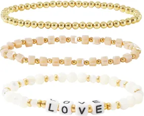 MAMA Bracelet Dainty Gold Crystal Beaded Bracelets Set for Women Stackable 14K Gold Plated Beads Nature Stone Layered Stretch Bracelets Mother's Day Gifts for Mom Grandmom