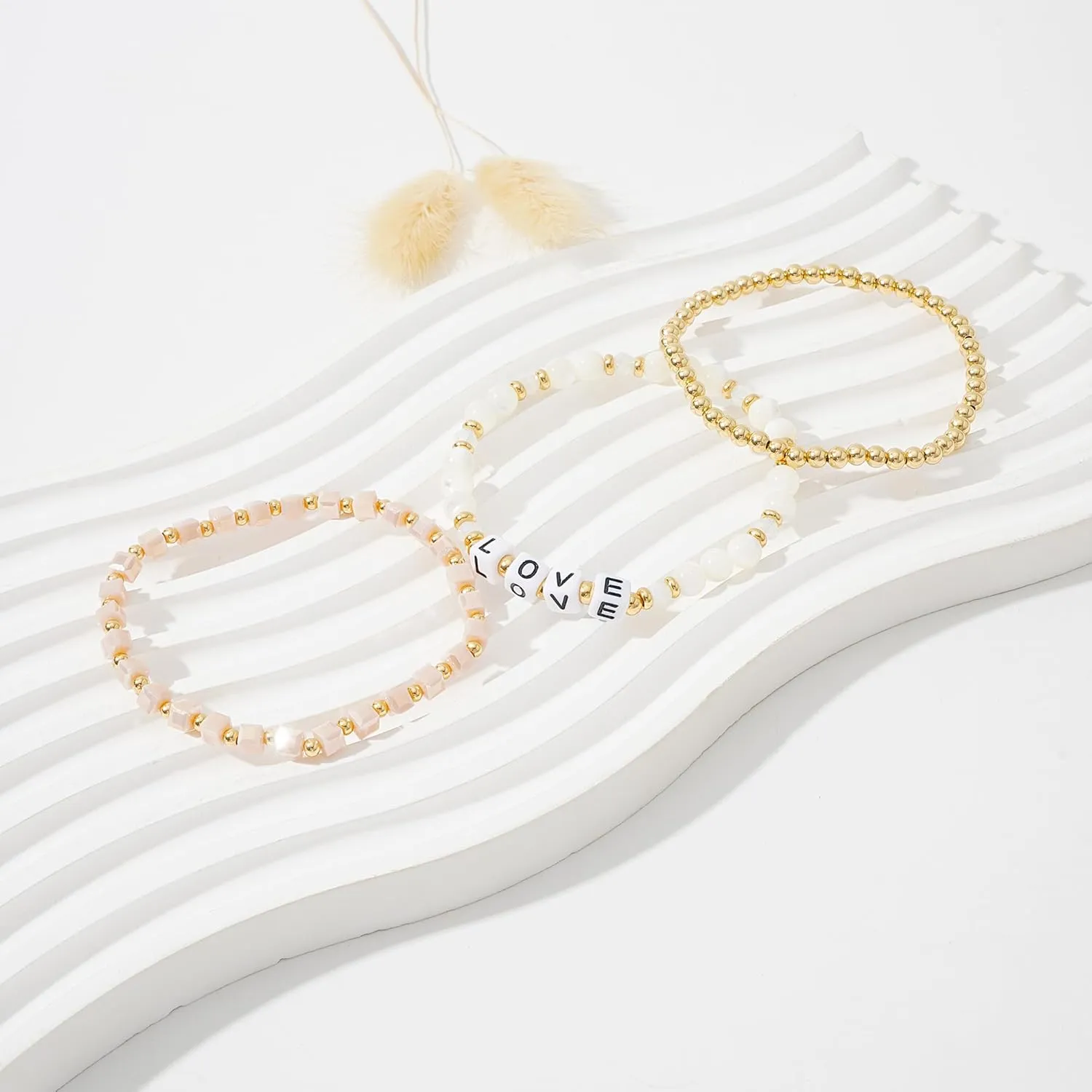 MAMA Bracelet Dainty Gold Crystal Beaded Bracelets Set for Women Stackable 14K Gold Plated Beads Nature Stone Layered Stretch Bracelets Mother's Day Gifts for Mom Grandmom