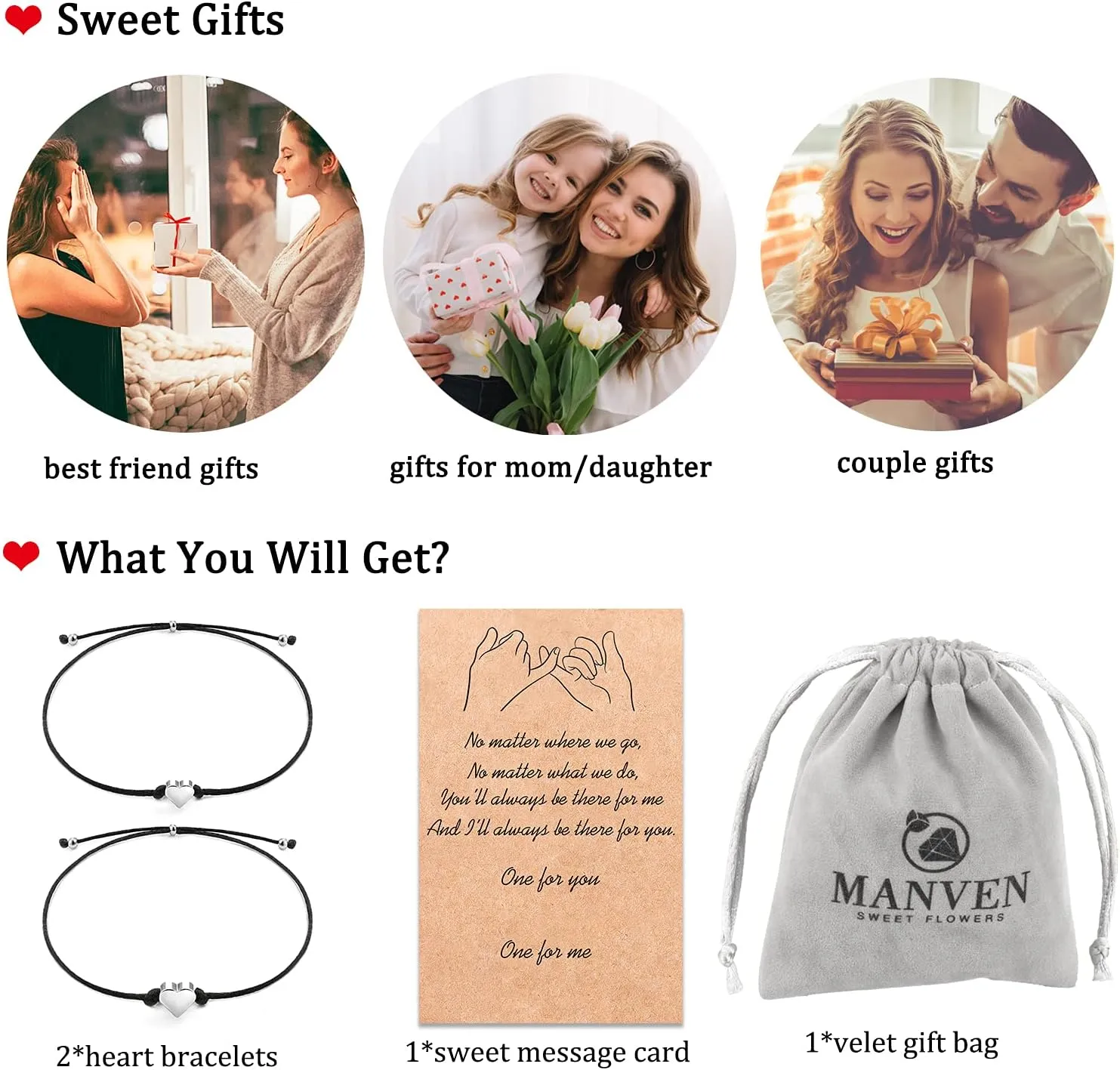 MANVEN Matching Bracelets for Couples Best Friends Pinky Promise Bracelets Birthday Gifts for Family Sister Women Men