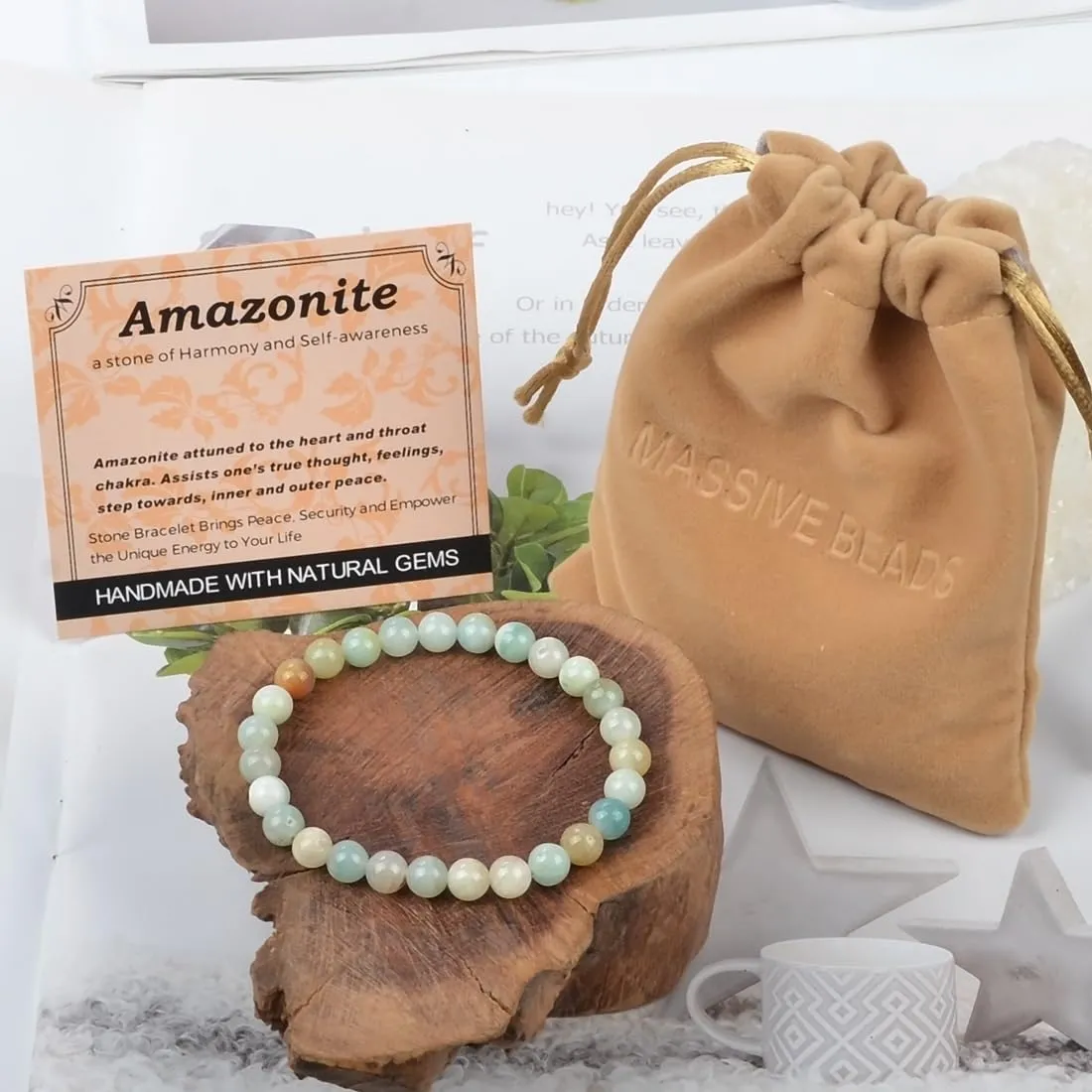 Massive Beads Mulitcolor Amazonite - Stone of Harmony - Handmade Yoga Stretch Elastic Bracelet Natural Stone Crystal Healing Power Energy Gifts for Unisex Adult 6mm