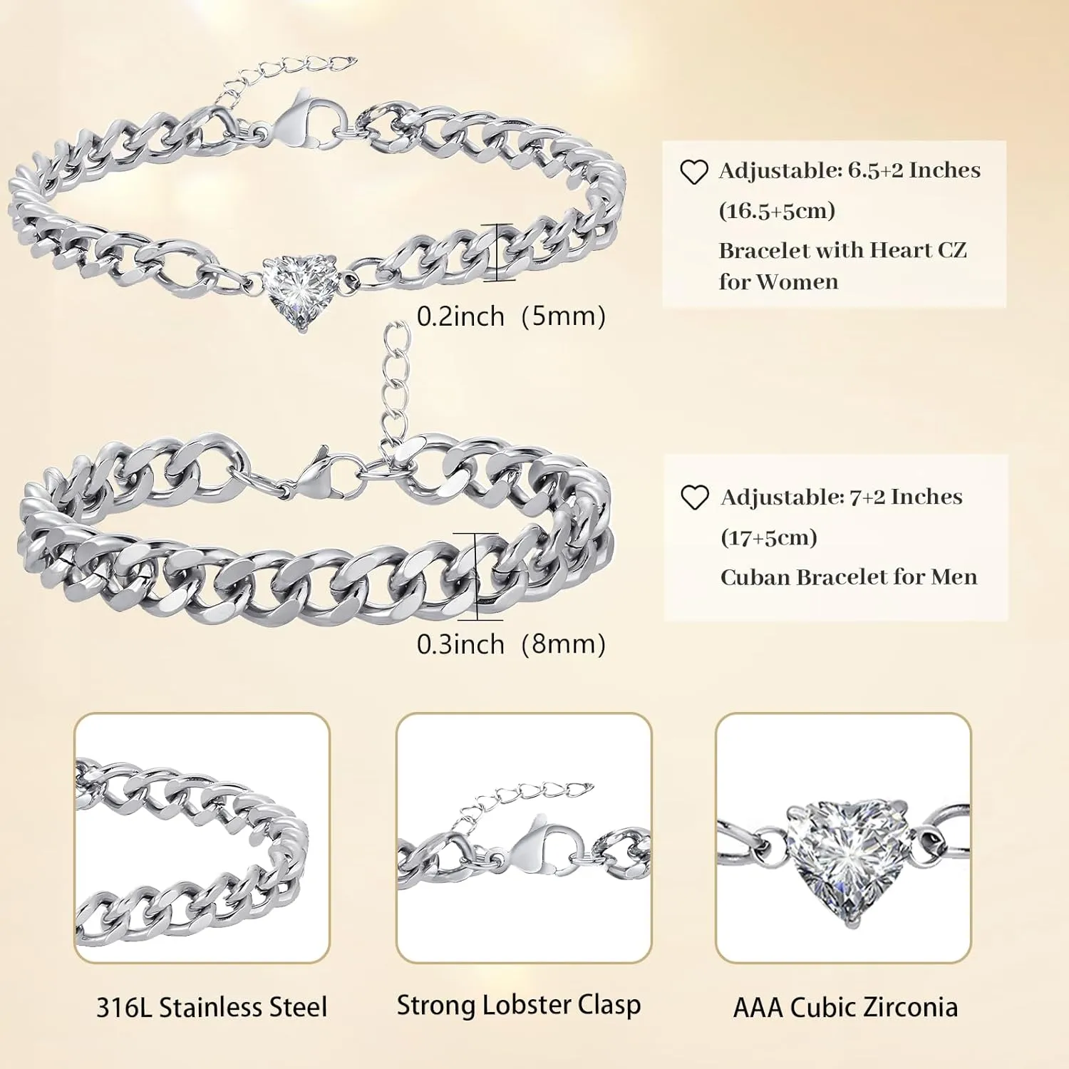 Matching Couple Cuban Chain Bracelets Gifts for Boyfriend Husband Soulmate Girlfriend Valentine Anniversary Birthday Christmas Gift for Him and Her,Adjustable Size