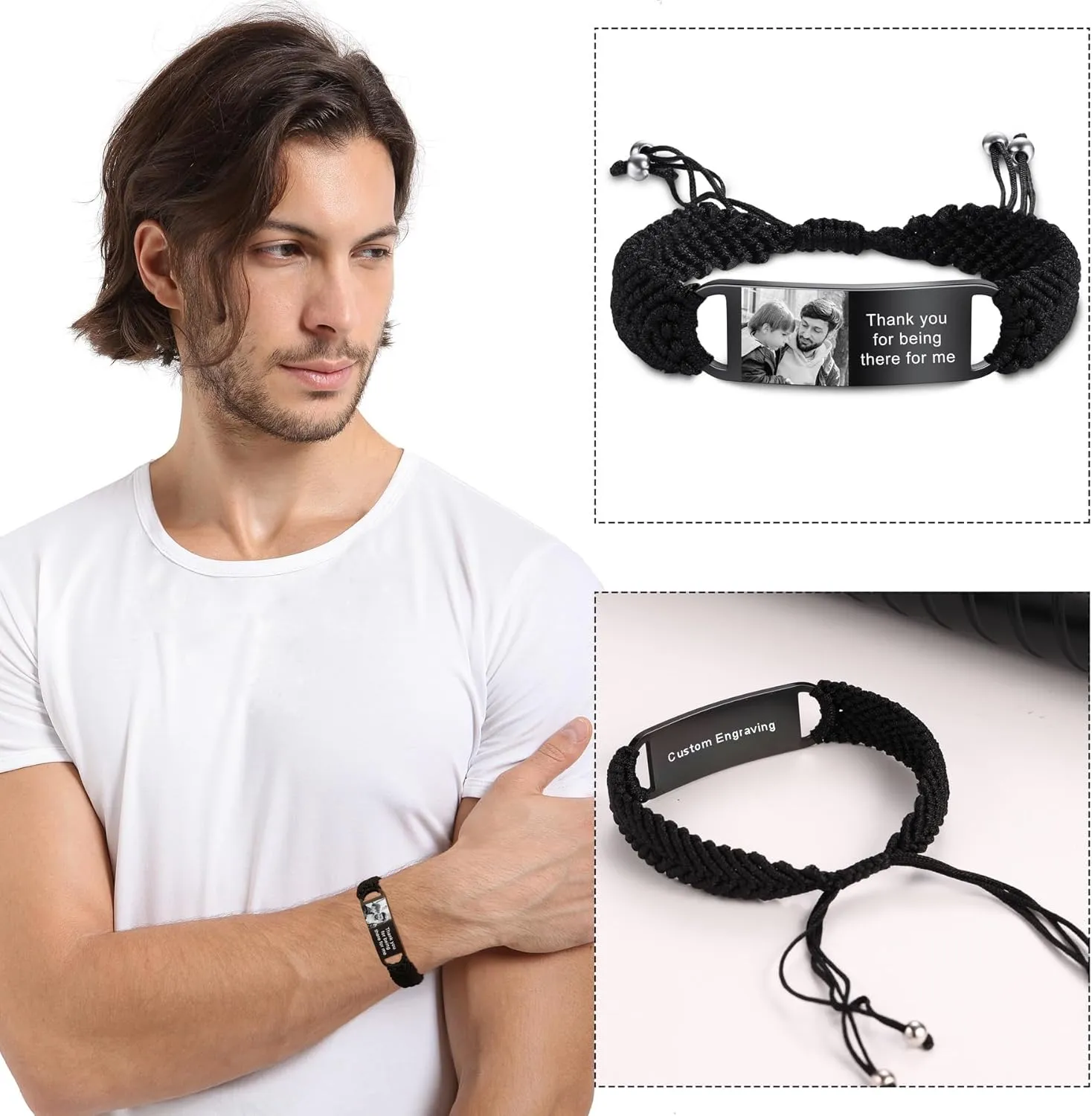 MeMeDIY Personalized Bracelet for Men Custom Photo Bracelet Engraved Bracelet with Name Text Adjustable Braided Bracelet Handmade Woven Rope Bracelets for Men Husband