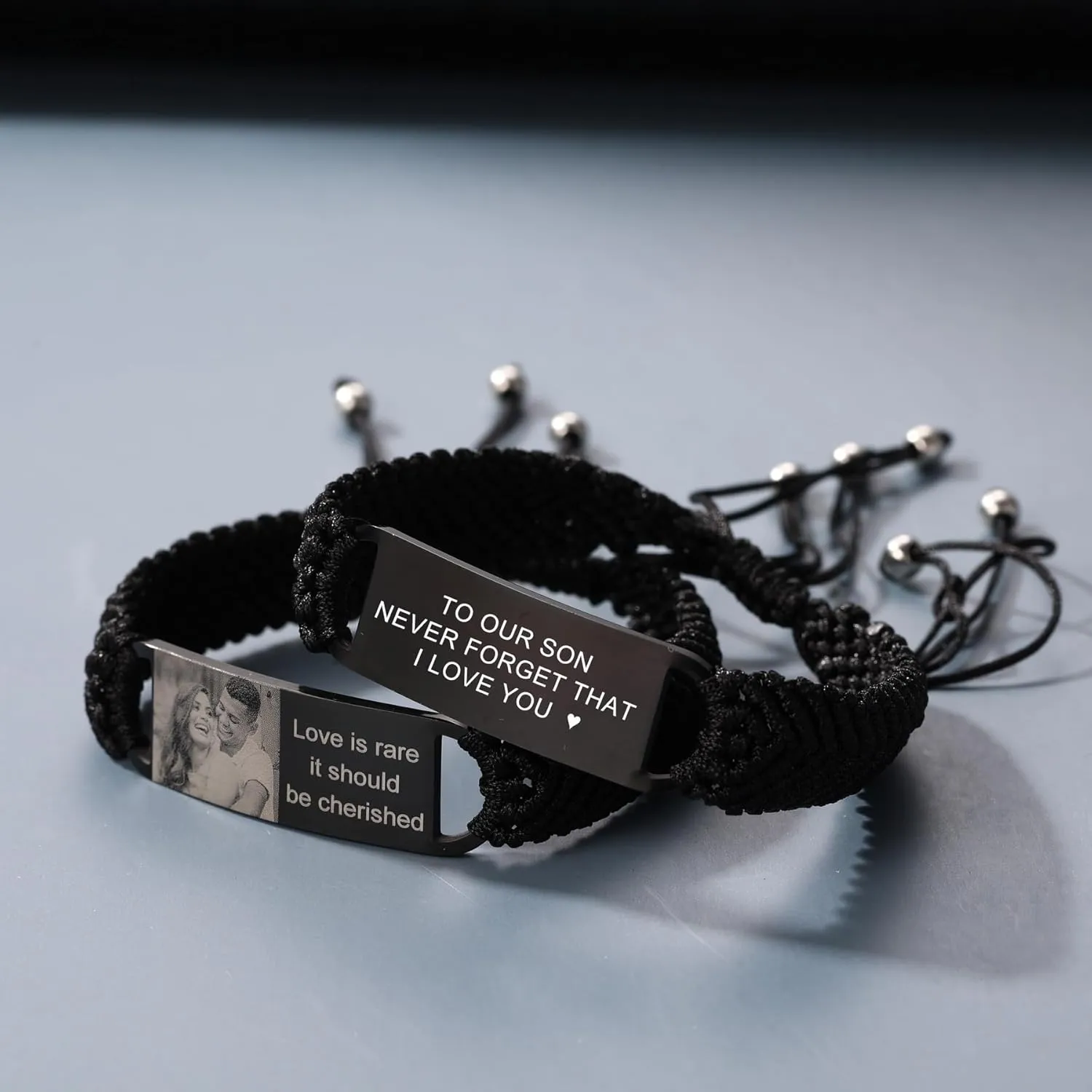 MeMeDIY Personalized Bracelet for Men Custom Photo Bracelet Engraved Bracelet with Name Text Adjustable Braided Bracelet Handmade Woven Rope Bracelets for Men Husband