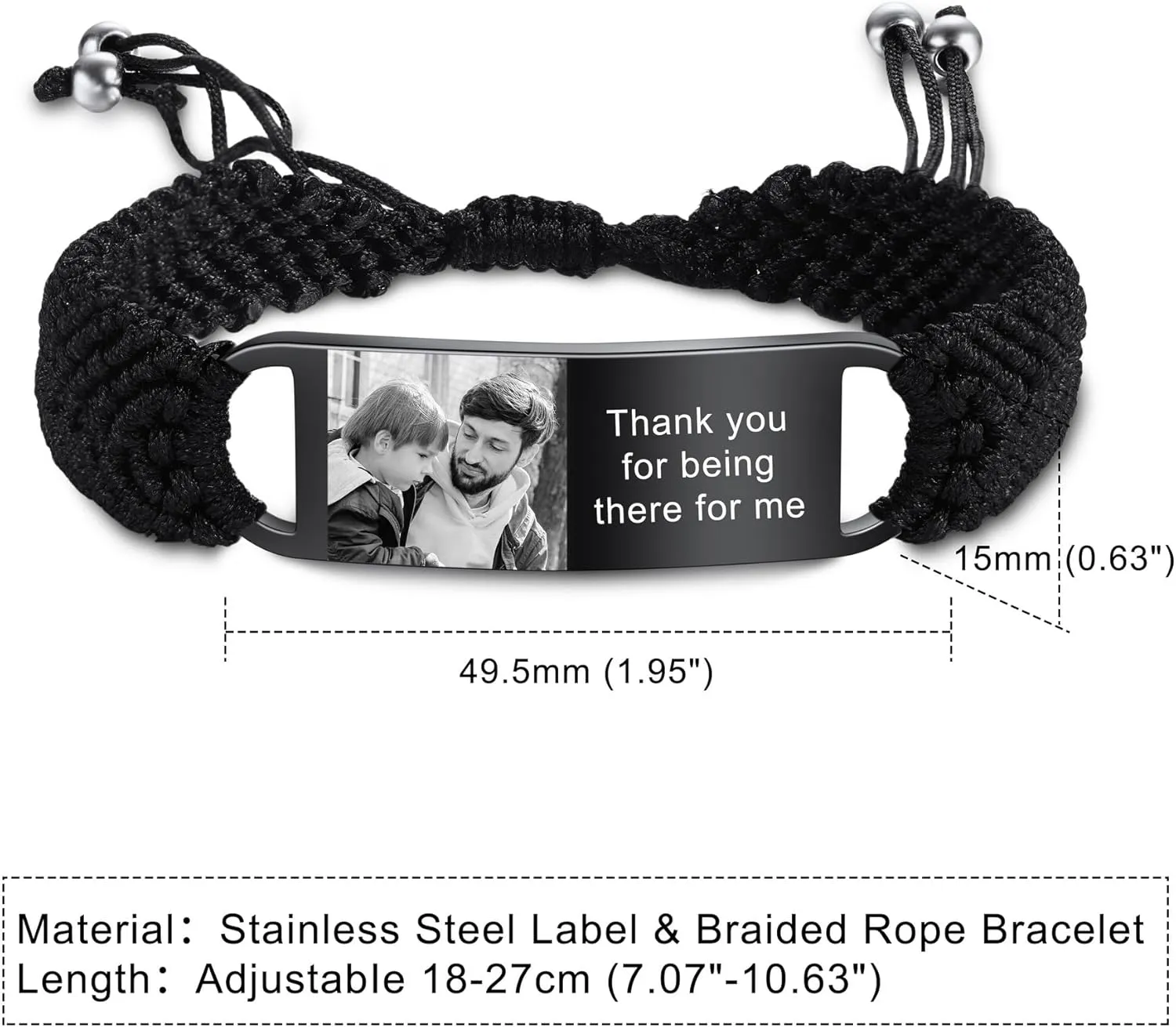 MeMeDIY Personalized Bracelet for Men Custom Photo Bracelet Engraved Bracelet with Name Text Adjustable Braided Bracelet Handmade Woven Rope Bracelets for Men Husband