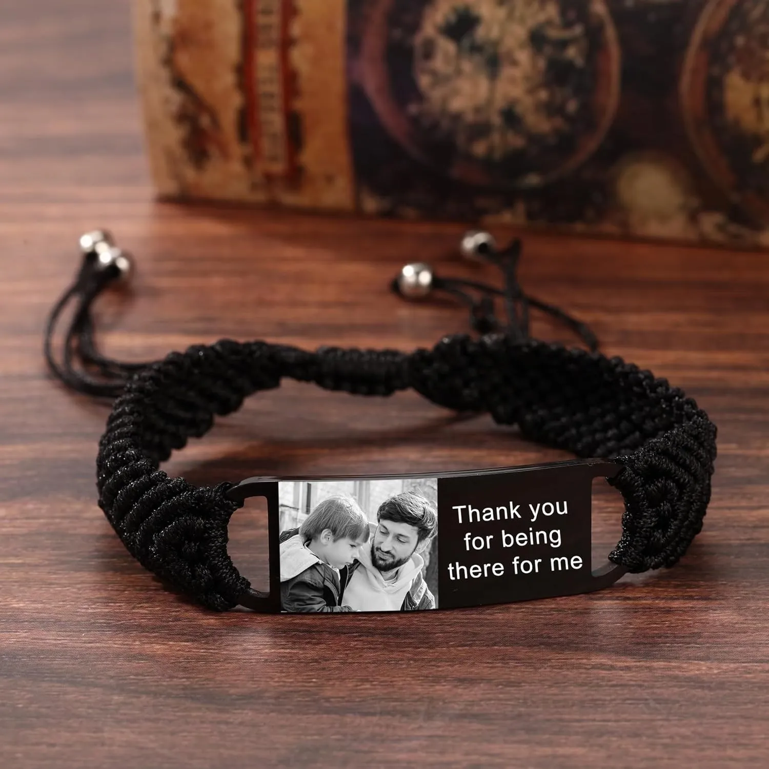 MeMeDIY Personalized Bracelet for Men Custom Photo Bracelet Engraved Bracelet with Name Text Adjustable Braided Bracelet Handmade Woven Rope Bracelets for Men Husband