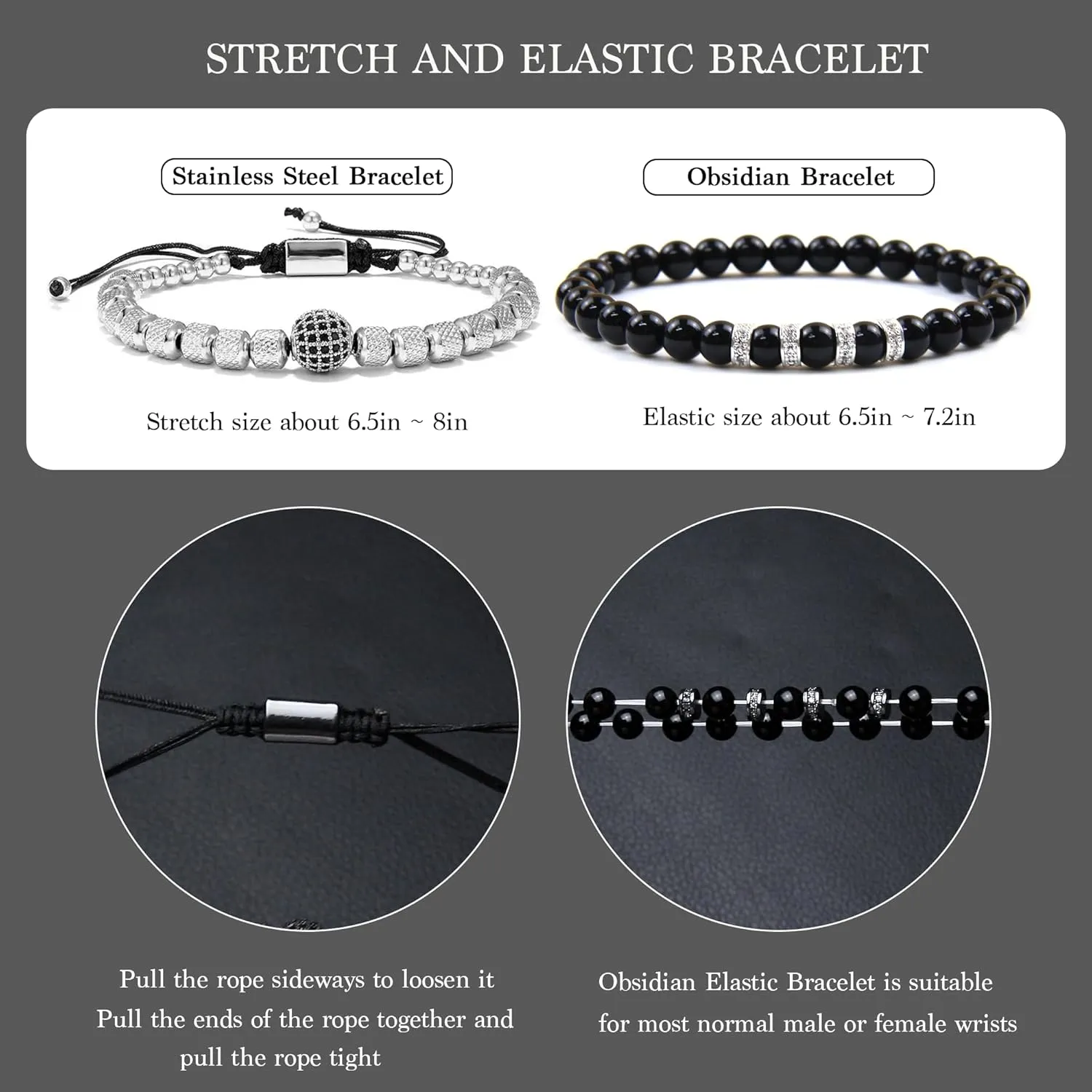 Mens Beaded Bracelets - 6mm Obsidian Bracelet Set for Couples - Adjustable Stainless Steel Bracelets with Cubic Zirconia Beads - Mens Jewelry for Him
