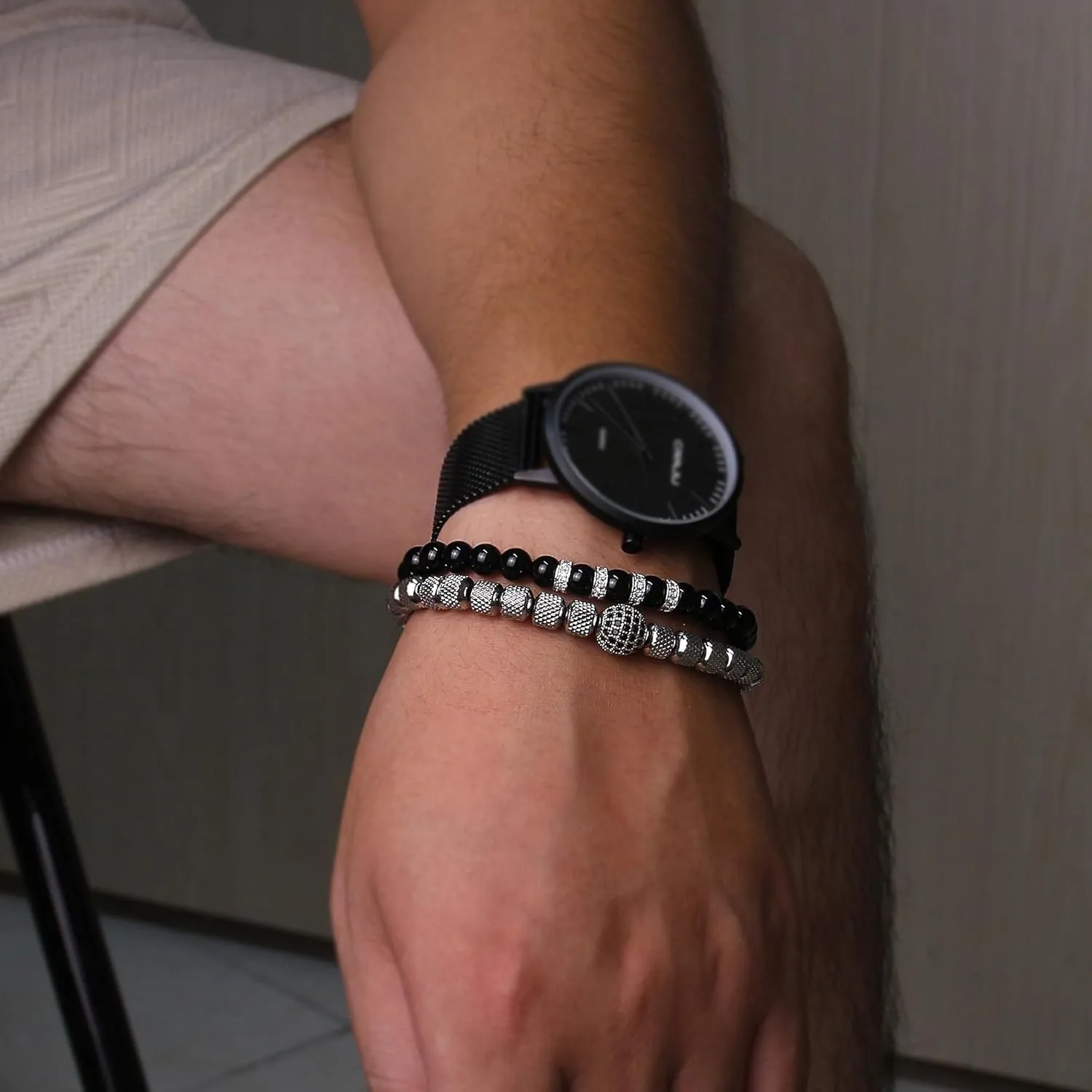 Mens Beaded Bracelets - 6mm Obsidian Bracelet Set for Couples - Adjustable Stainless Steel Bracelets with Cubic Zirconia Beads - Mens Jewelry for Him