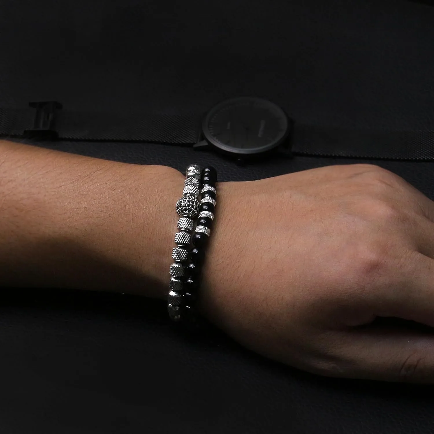 Mens Beaded Bracelets - 6mm Obsidian Bracelet Set for Couples - Adjustable Stainless Steel Bracelets with Cubic Zirconia Beads - Mens Jewelry for Him