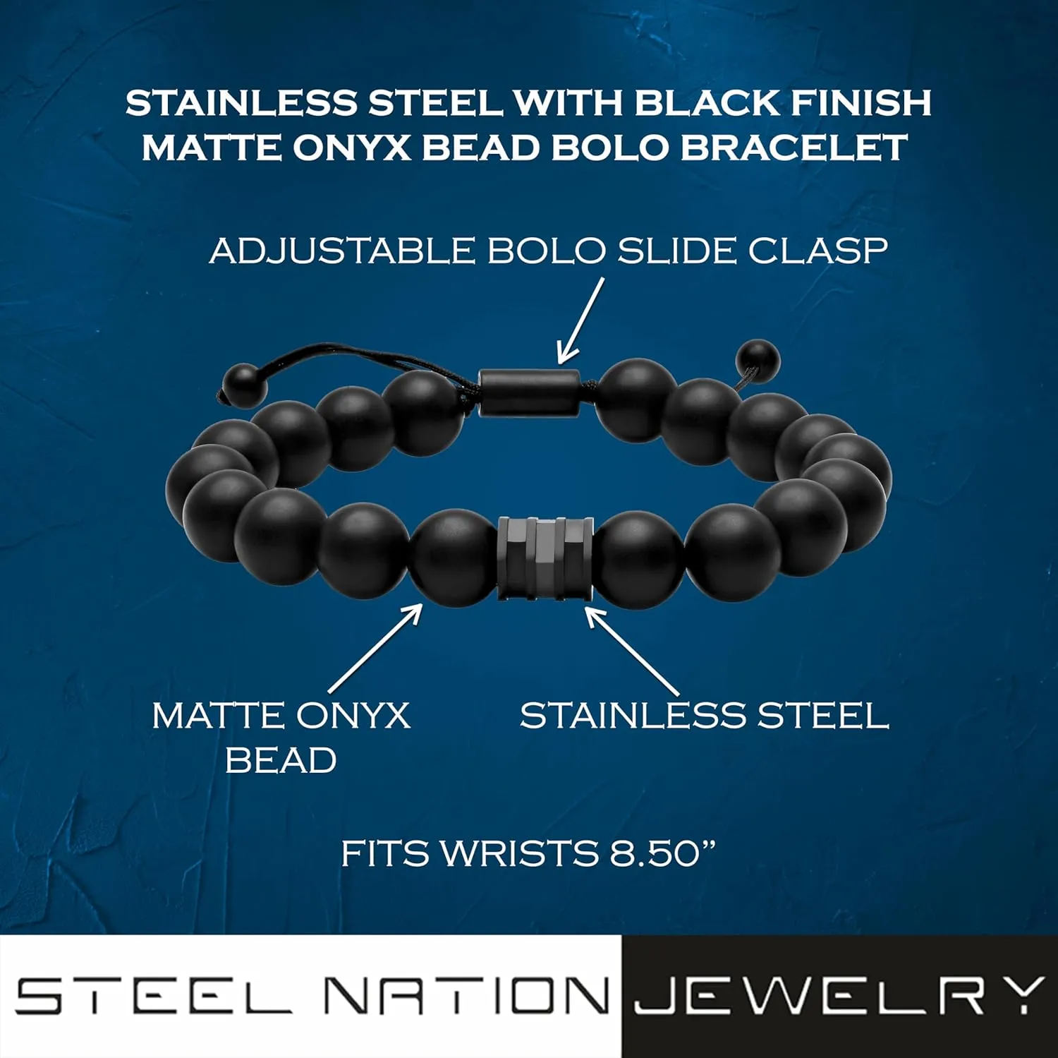 Men's Stainless Steel Bead Beaded Adjustable Nylon Bolo Bracelet - Choice of Color