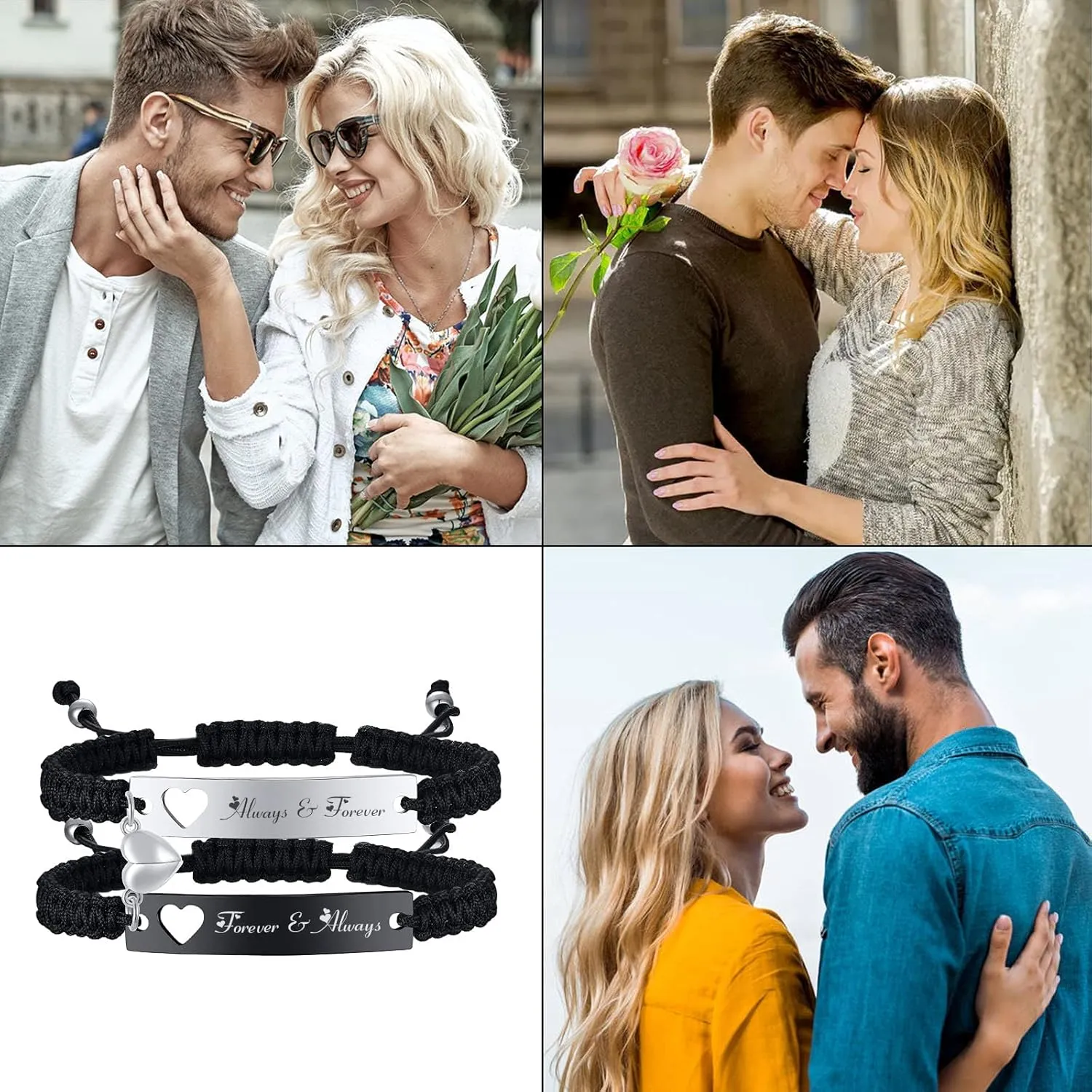 MPRAINBOW Personalized Braided Couples Bracelet：Custom Name Promise Words Engraved Bracelets Attraction Relationship Bracelets for Him and Her