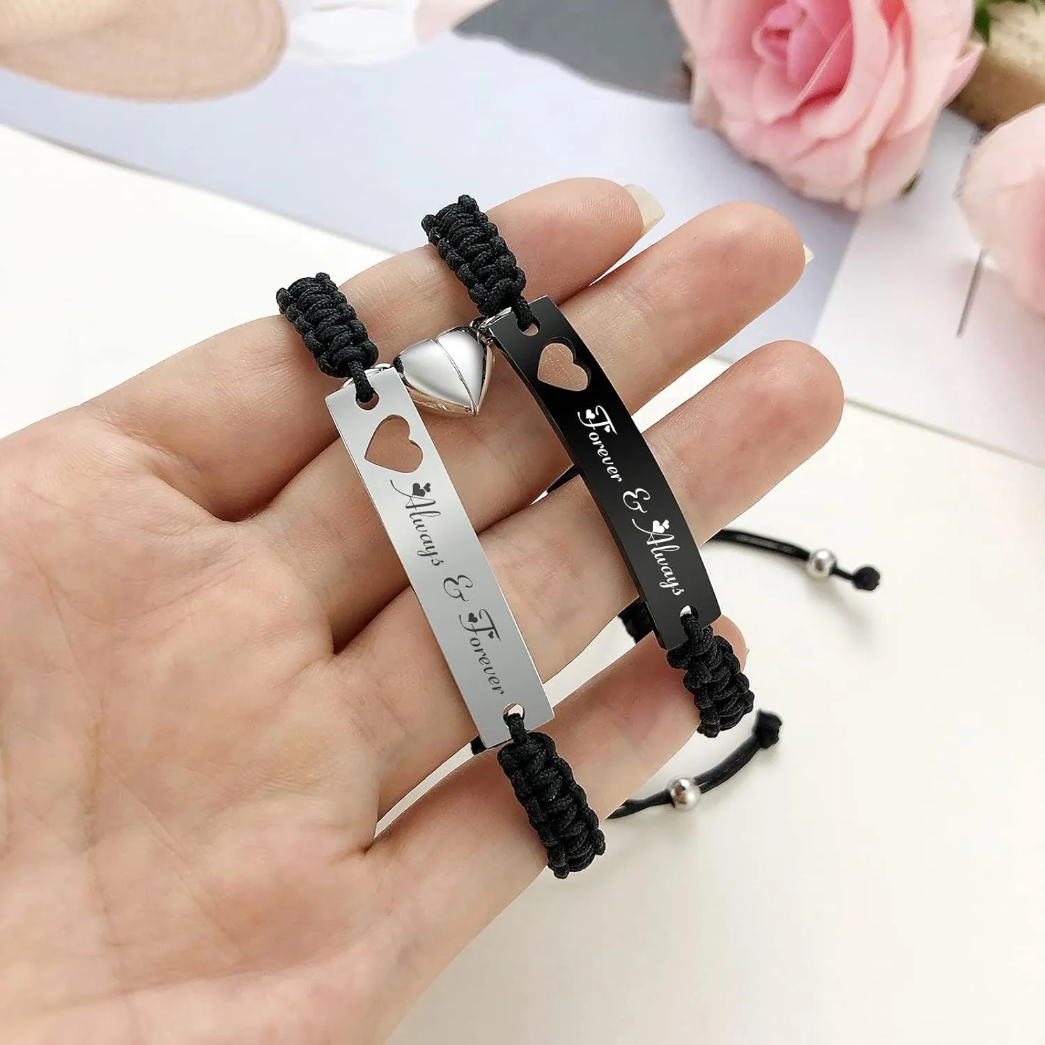 MPRAINBOW Personalized Braided Couples Bracelet：Custom Name Promise Words Engraved Bracelets Attraction Relationship Bracelets for Him and Her