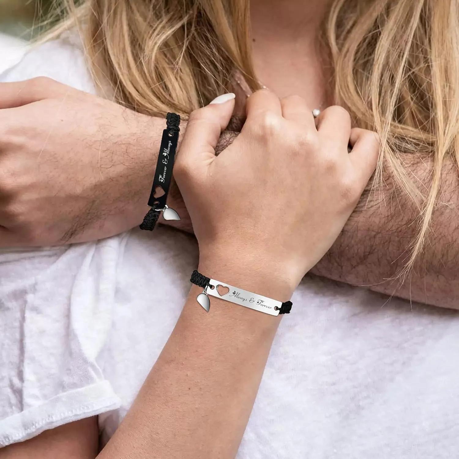 MPRAINBOW Personalized Braided Couples Bracelet：Custom Name Promise Words Engraved Bracelets Attraction Relationship Bracelets for Him and Her