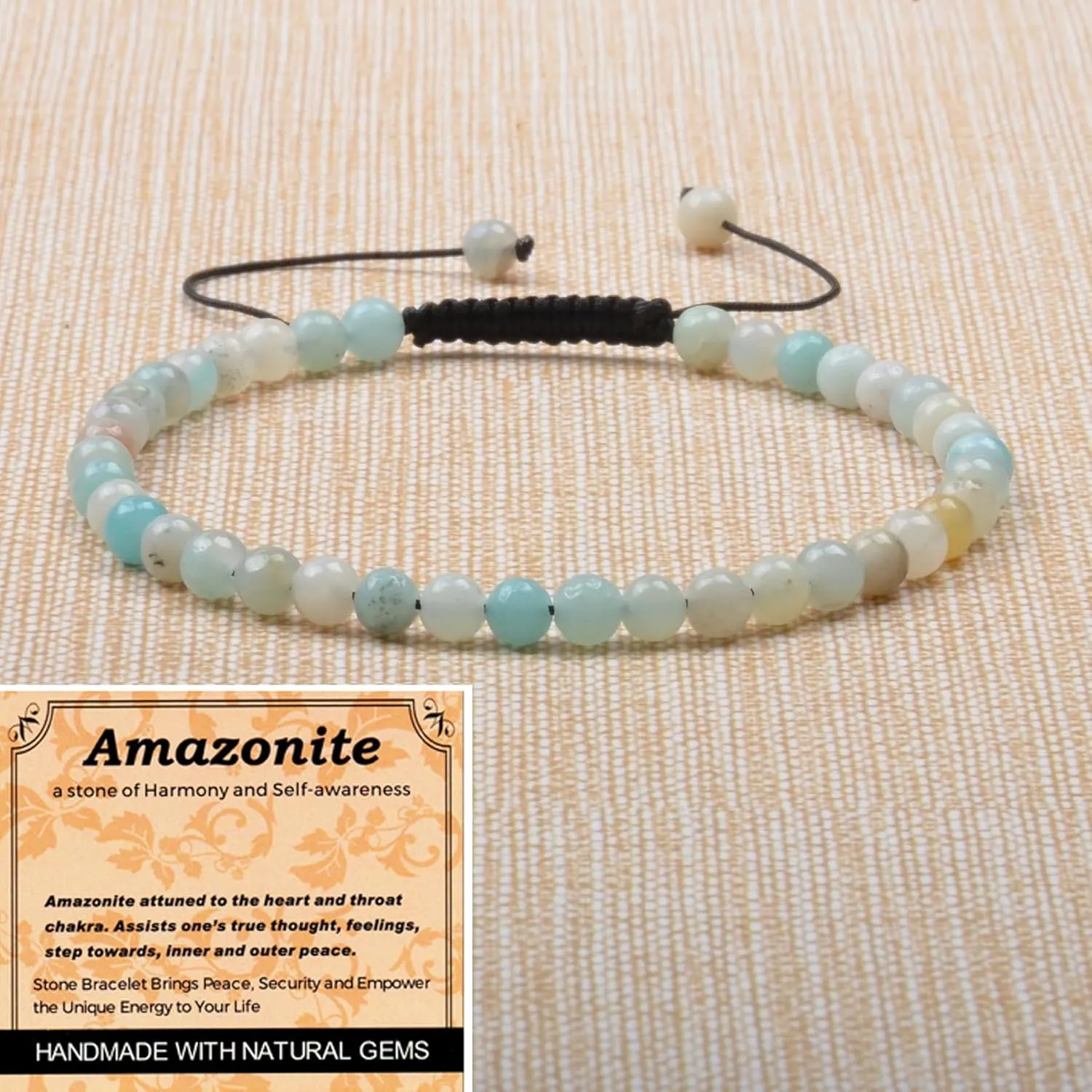 Multicolor Amazonite Massive Beads - Stone of Harmony - Handmade Yoga Natural Stone Crystal Healing Power Energy Gifts for Unisex Adult Bracelet Macrame Adjustable 4mm