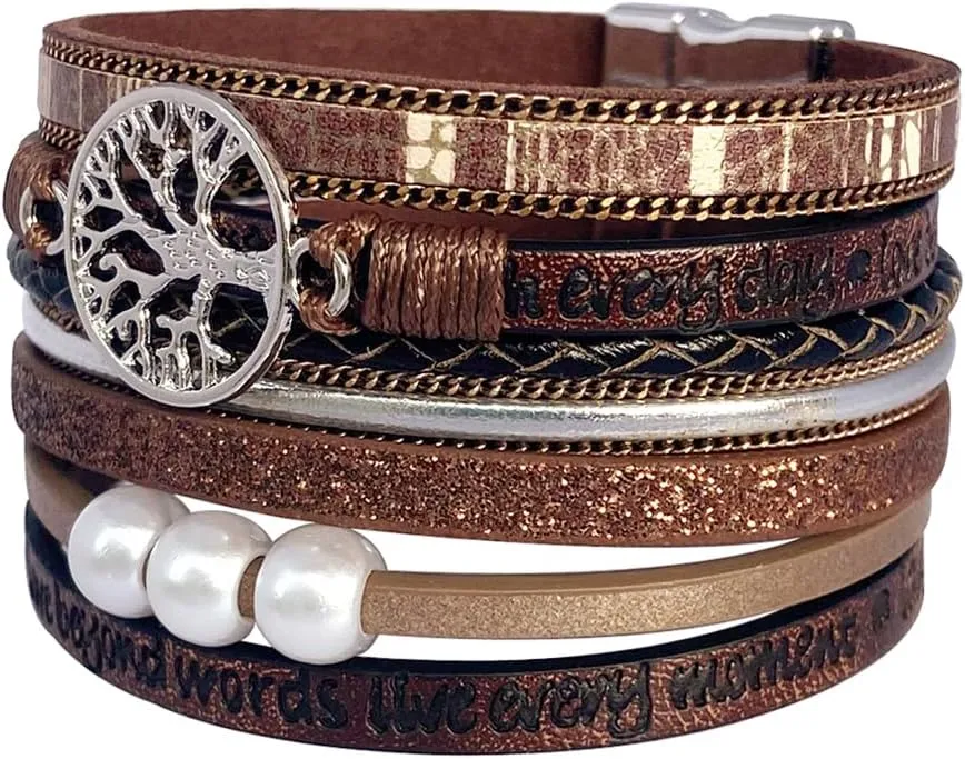 P Ammy Fashion® Inspirational Tree of Life Wide Leather Bracelets for Women Boho Cuff Bohemian Jewelry Gifts Bangle with Magnetic Clasp