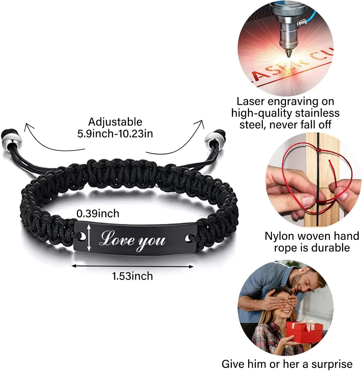 Personalized Couple Bracelets - Custom Engraving Name ID Handmade Braided Adjustable Matching Couples Bracelets Gift for Men Women Christmas Gifts
