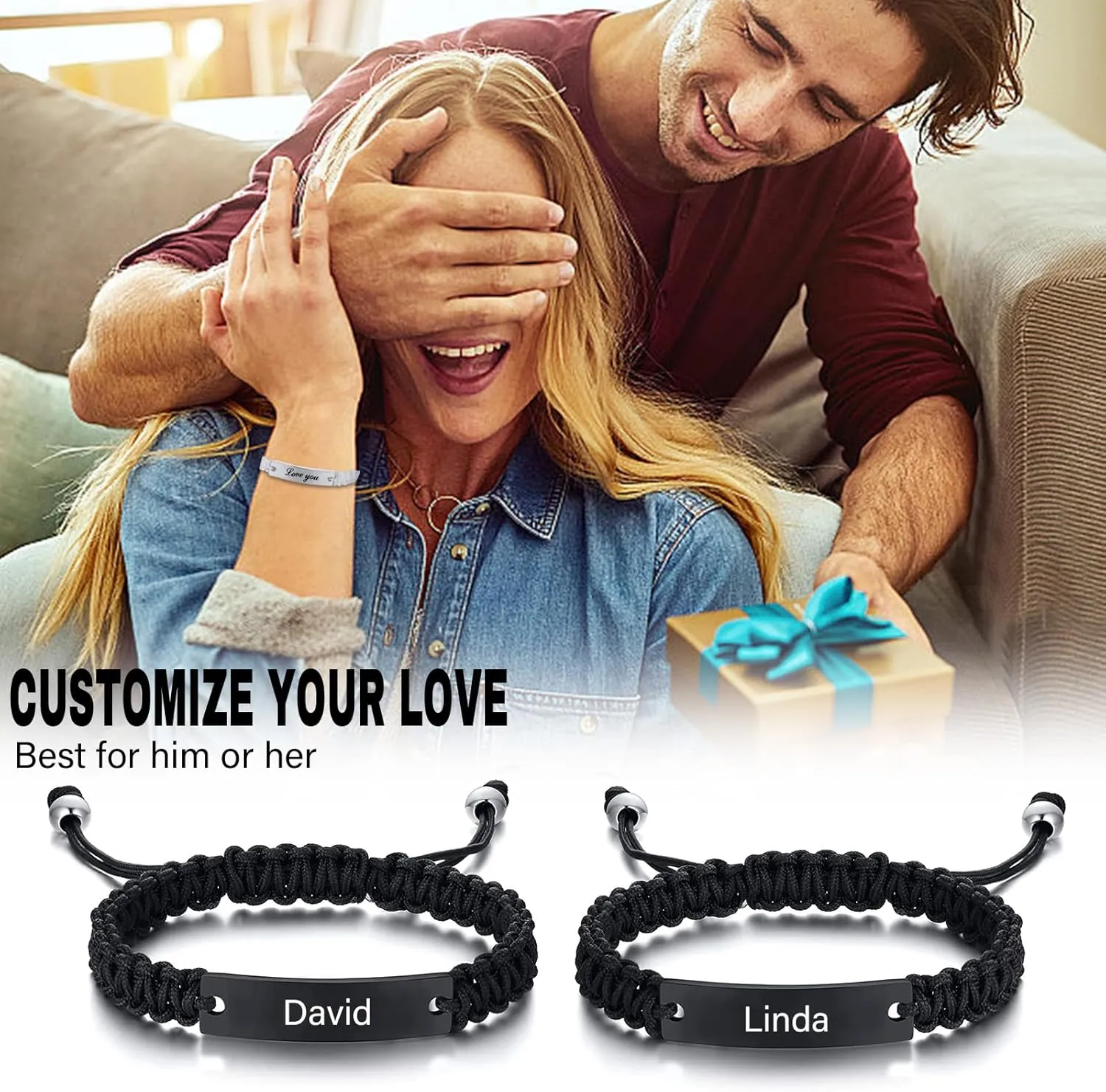 Personalized Couple Bracelets - Custom Engraving Name ID Handmade Braided Adjustable Matching Couples Bracelets Gift for Men Women Christmas Gifts