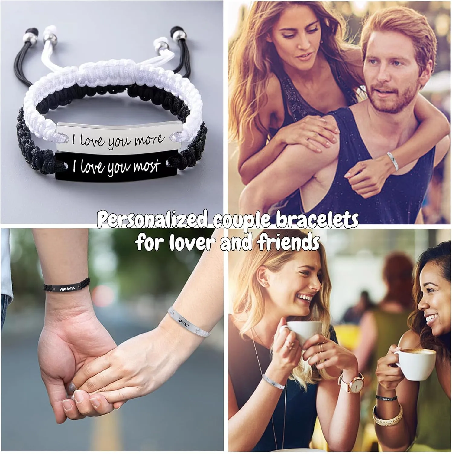 Personalized Couple Bracelets - Custom Engraving Name ID Handmade Braided Adjustable Matching Couples Bracelets Gift for Men Women Christmas Gifts