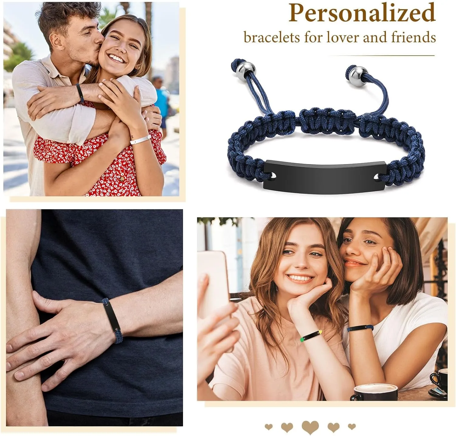 Personalized Couple Bracelets for Men Women : Handmade Custom Engraved Name Plate ID Bracelet Braided Rope His Hers Matching Bracelets for Him Her Bf gf,Valentines Day Gifts for Boyfriend Husband Wife