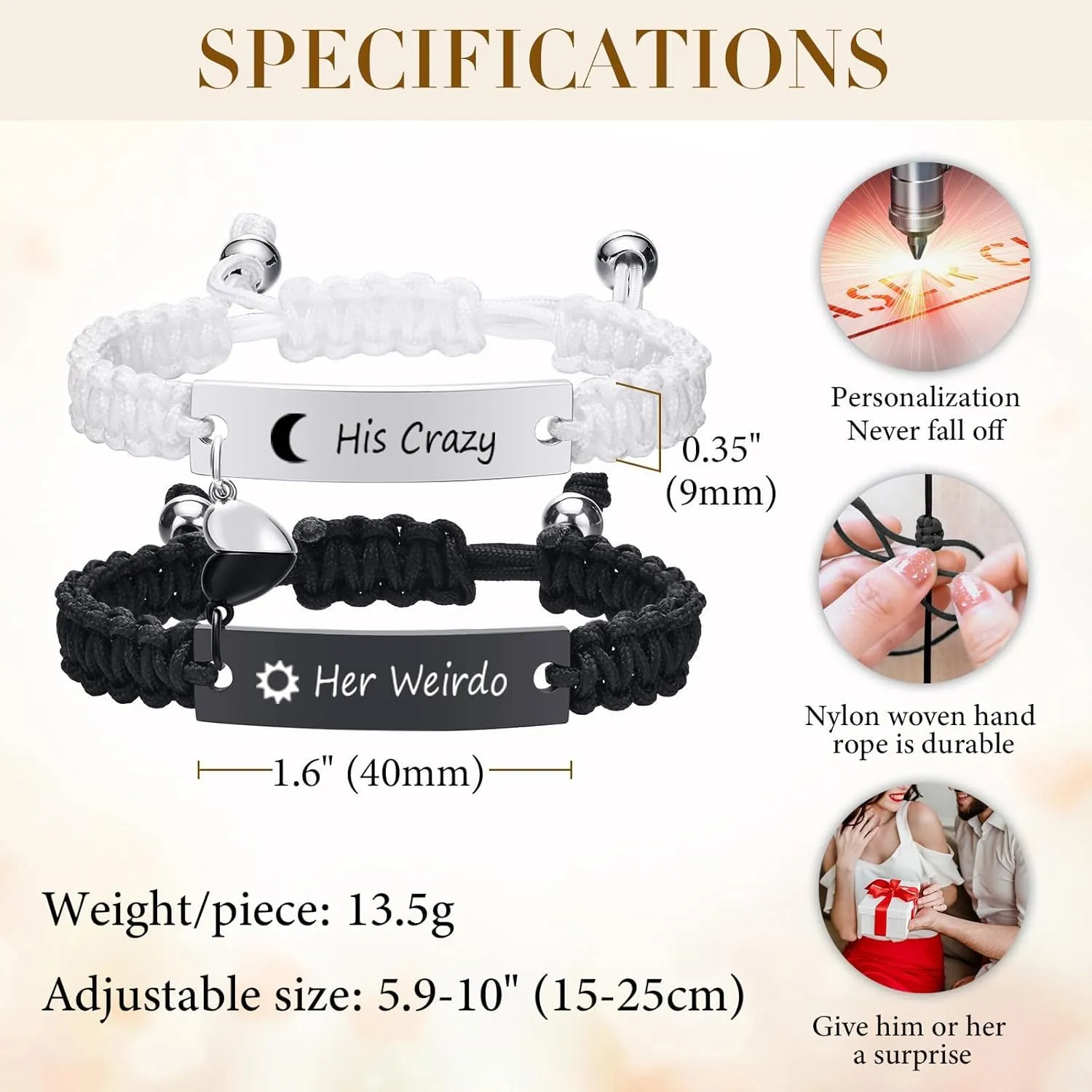 Personalized Couple Bracelets for Men Women : Handmade Custom Engraved Name Plate ID Bracelet Braided Rope His Hers Matching Bracelets for Him Her Bf gf,Valentines Day Gifts for Boyfriend Husband Wife