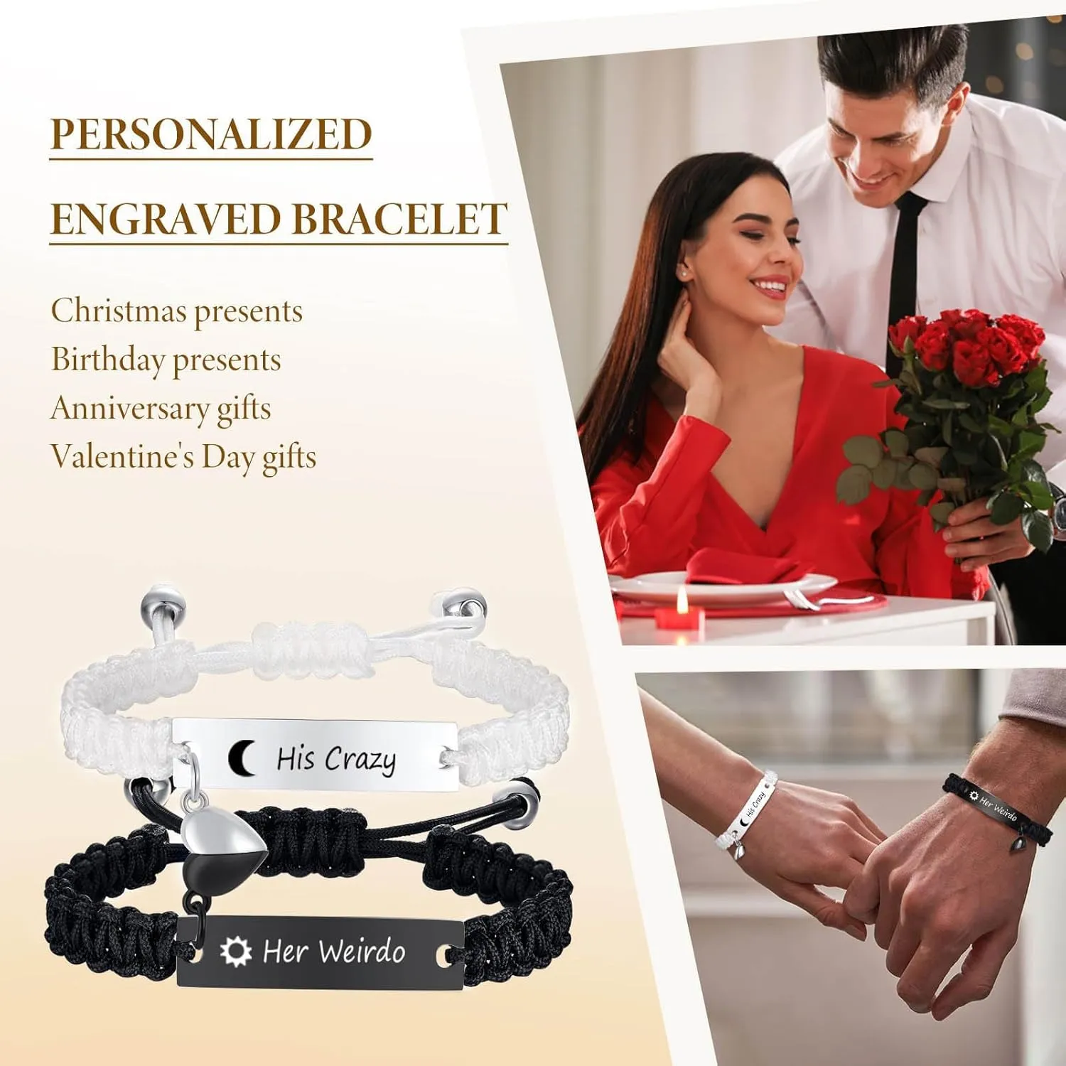 Personalized Couple Bracelets for Men Women : Handmade Custom Engraved Name Plate ID Bracelet Braided Rope His Hers Matching Bracelets for Him Her Bf gf,Valentines Day Gifts for Boyfriend Husband Wife
