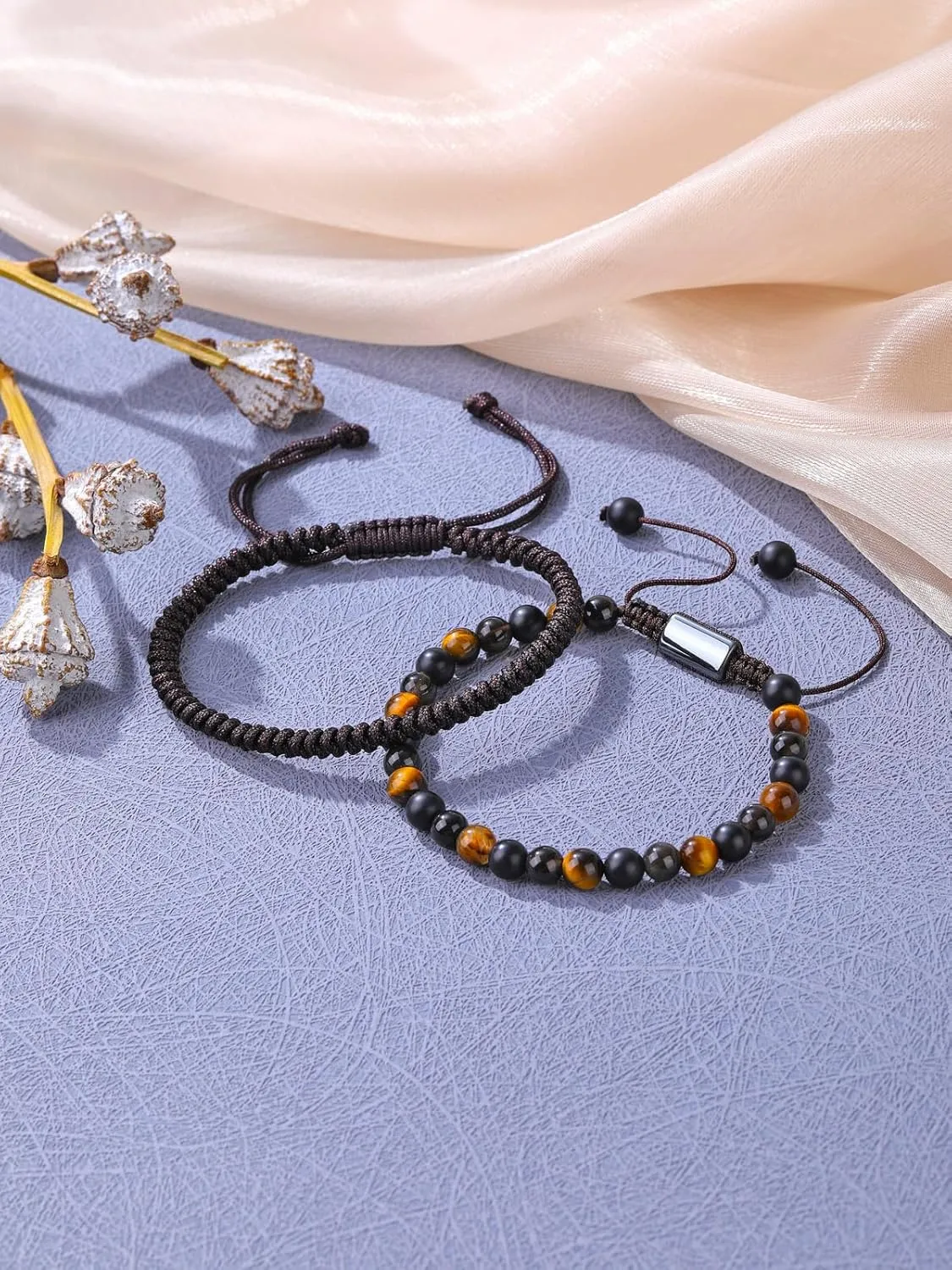 PESOENTH Mens Bracelets Obsidian Tiger Eye Bracelet For Men 6MM Natural Stone Beads Bracelet Set Braided Bracelets Adjustable Mens Bracelets Set Mens jewelry Gift for Boyfriend Dad