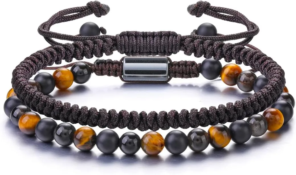 PESOENTH Mens Bracelets Obsidian Tiger Eye Bracelet For Men 6MM Natural Stone Beads Bracelet Set Braided Bracelets Adjustable Mens Bracelets Set Mens jewelry Gift for Boyfriend Dad