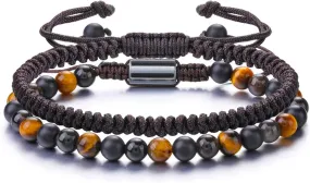 PESOENTH Mens Bracelets Obsidian Tiger Eye Bracelet For Men 6MM Natural Stone Beads Bracelet Set Braided Bracelets Adjustable Mens Bracelets Set Mens jewelry Gift for Boyfriend Dad