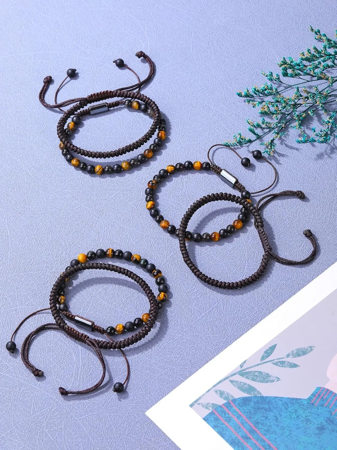 PESOENTH Mens Bracelets Obsidian Tiger Eye Bracelet For Men 6MM Natural Stone Beads Bracelet Set Braided Bracelets Adjustable Mens Bracelets Set Mens jewelry Gift for Boyfriend Dad