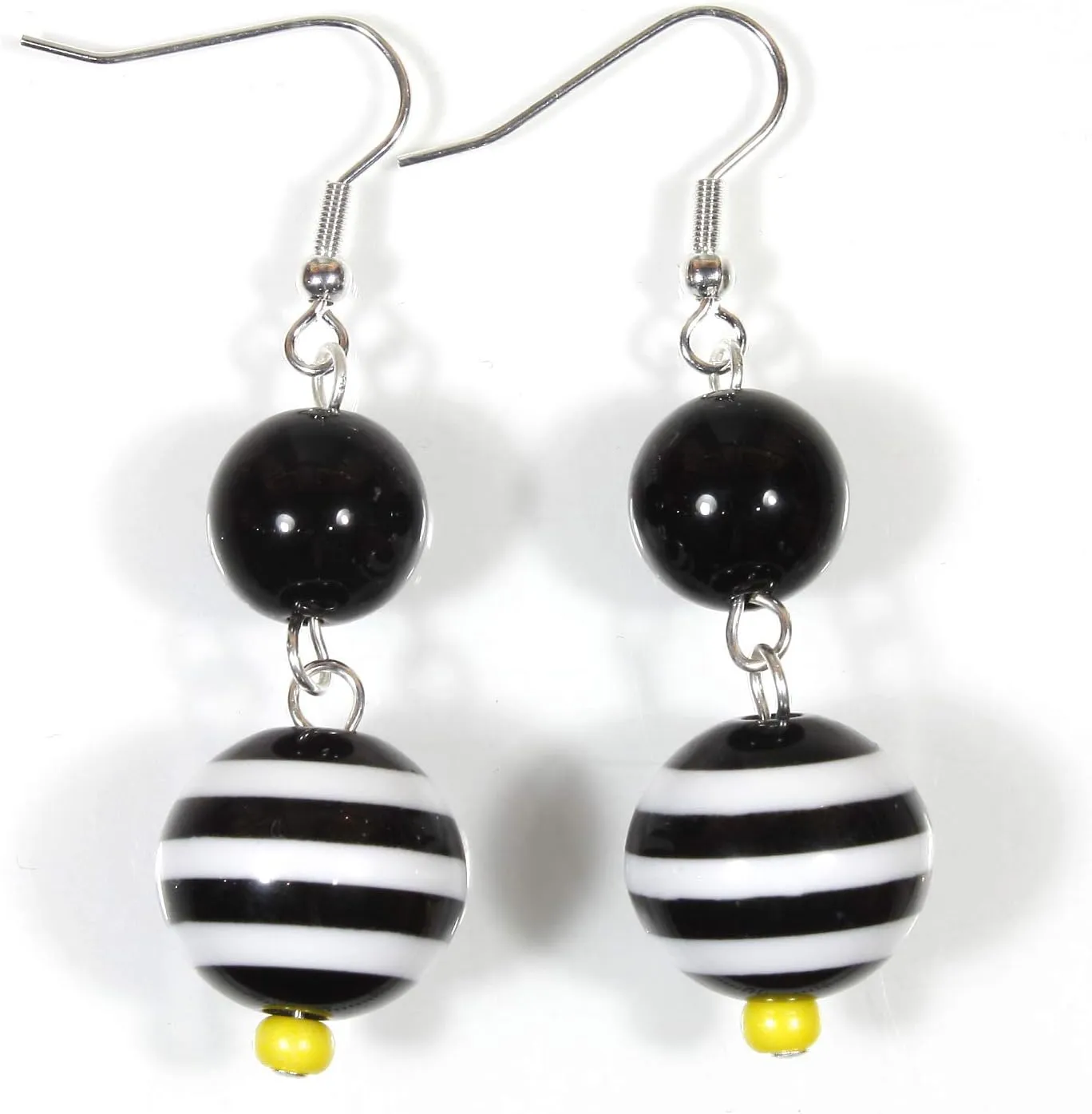 "Little Penguin", Black and White Stripe Earrings with Flash of Yellow, Dangle 2.5 Inches