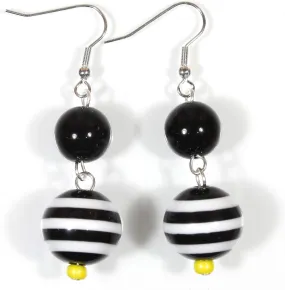 "Little Penguin", Black and White Stripe Earrings with Flash of Yellow, Dangle 2.5 Inches