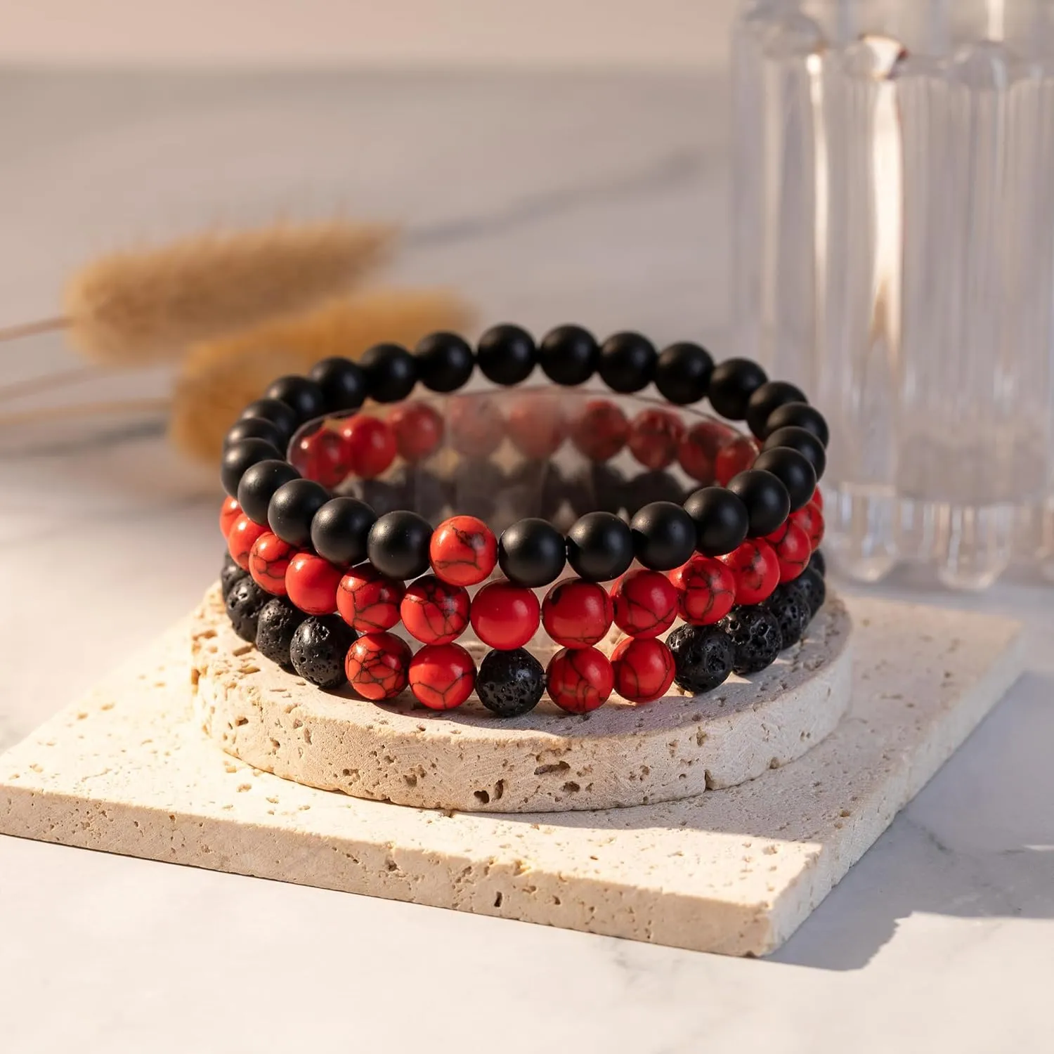 RANKEEF Mens Bead Bracelet Set - Adjustable Elastic Rope With 6&8MM Natural Stone Multi-Colored Beads - Tiger Eye Bracelets for Men - Gift