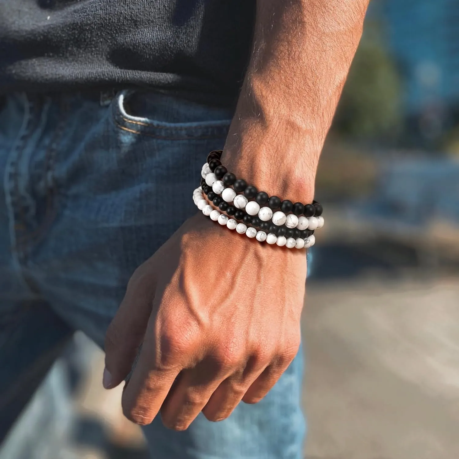 RANKEEF Mens Bead Bracelet Set - Adjustable Elastic Rope With 6&8MM Natural Stone Multi-Colored Beads - Tiger Eye Bracelets for Men - Gift