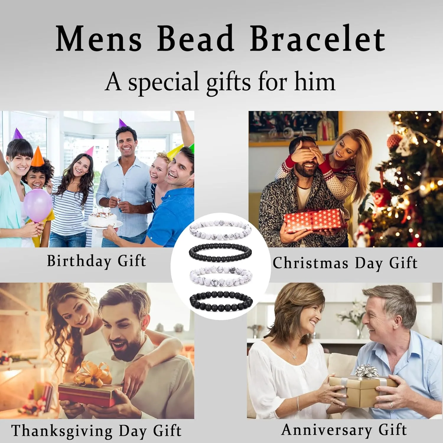 RANKEEF Mens Bead Bracelet Set - Adjustable Elastic Rope With 6&8MM Natural Stone Multi-Colored Beads - Tiger Eye Bracelets for Men - Gift
