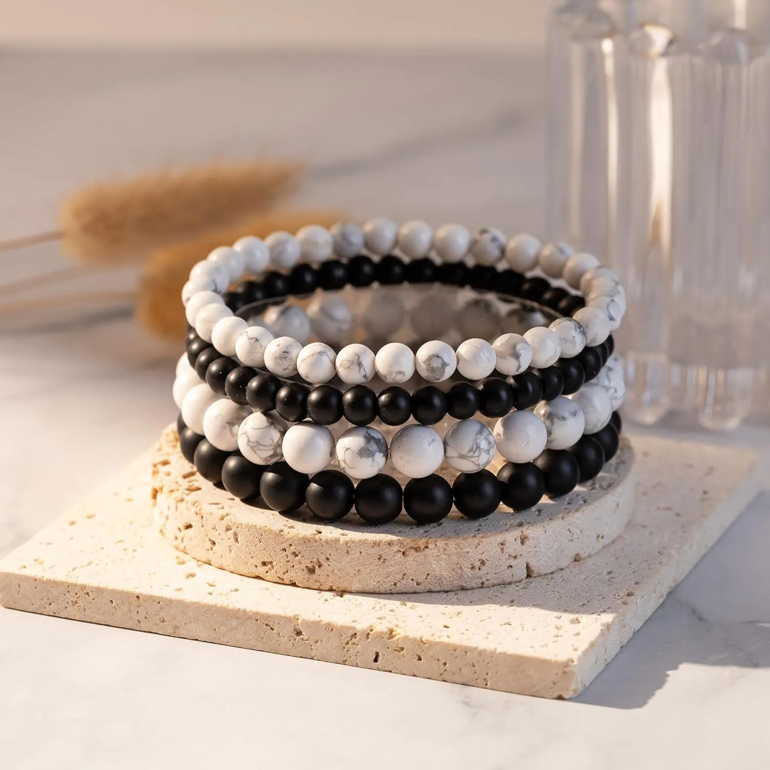 RANKEEF Mens Bead Bracelet Set - Adjustable Elastic Rope With 6&8MM Natural Stone Multi-Colored Beads - Tiger Eye Bracelets for Men - Gift