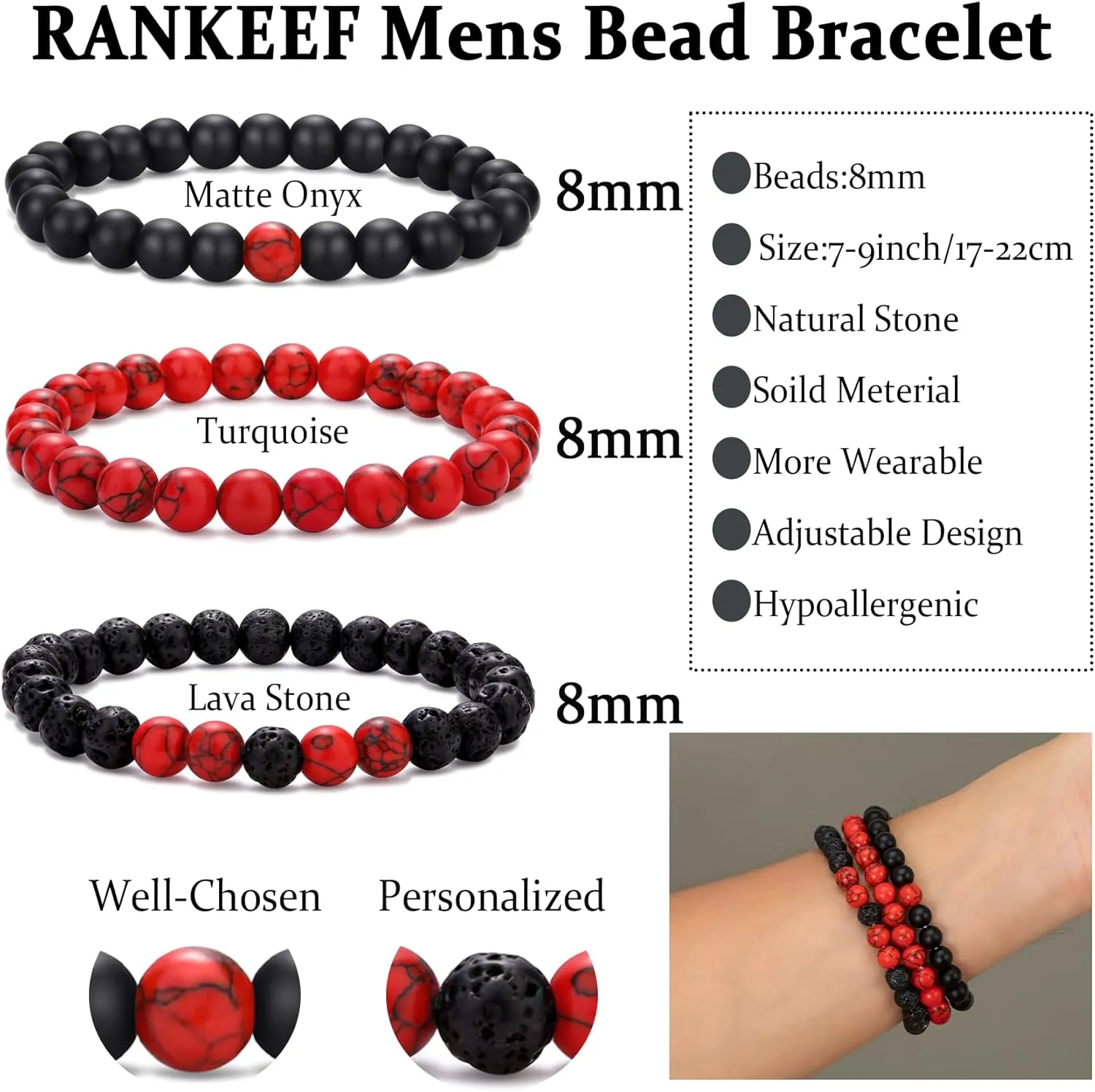 RANKEEF Mens Bead Bracelet Set - Adjustable Elastic Rope With 6&8MM Natural Stone Multi-Colored Beads - Tiger Eye Bracelets for Men - Gift