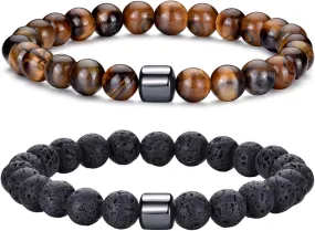 RANKEEF Mens Beaded Bracelets Set 8MM Tiger Eye Lava Stone Stretch Natural Stone Men's Bead Bracelet Mens Bracelet