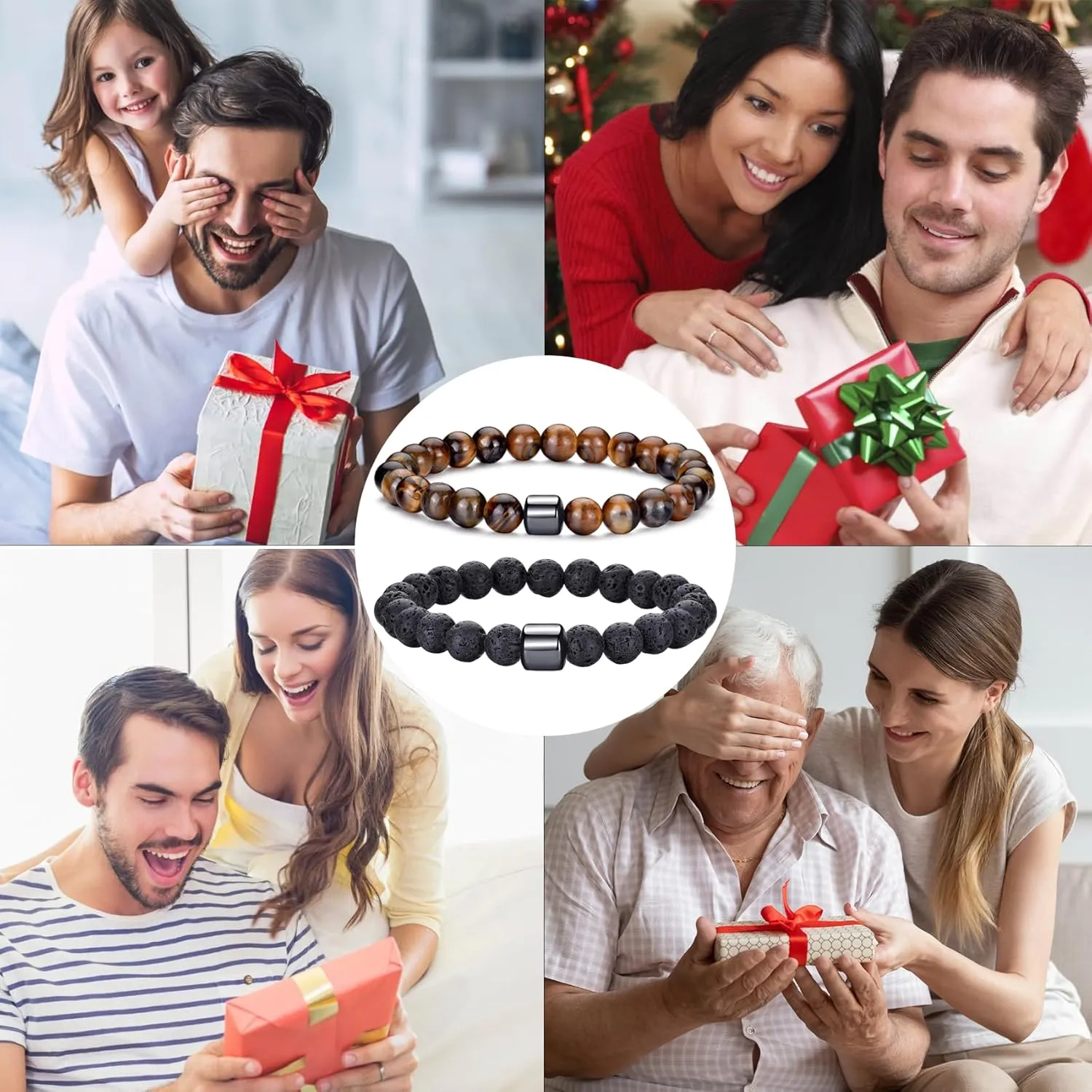 RANKEEF Mens Beaded Bracelets Set 8MM Tiger Eye Lava Stone Stretch Natural Stone Men's Bead Bracelet Mens Bracelet