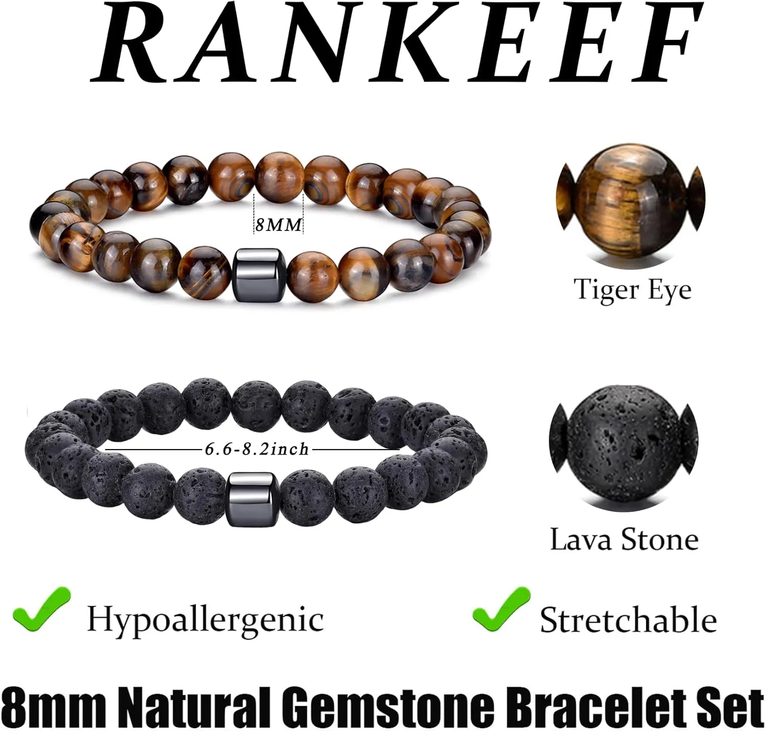 RANKEEF Mens Beaded Bracelets Set 8MM Tiger Eye Lava Stone Stretch Natural Stone Men's Bead Bracelet Mens Bracelet