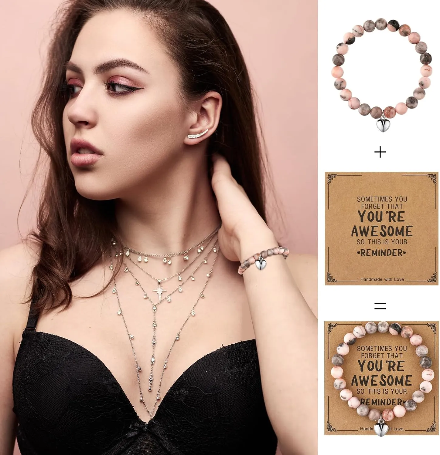 Remuuly 8 Pcs Graduation Gifts for Her Class of 2025 Inspirational Bracelet Women Thank You You're Awesome Beaded Adjustable Strand Natural Stone Bracelet with Card for Girlfriend