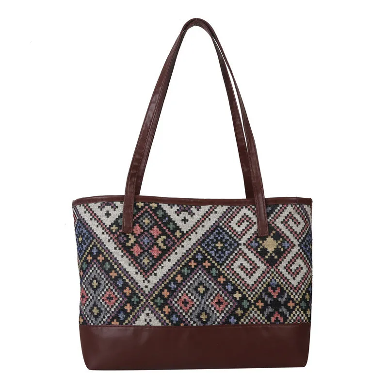 Retro Ethnic Style Casual Contrast Color Shoulder Large Capacity Presbyopic Tote Bag