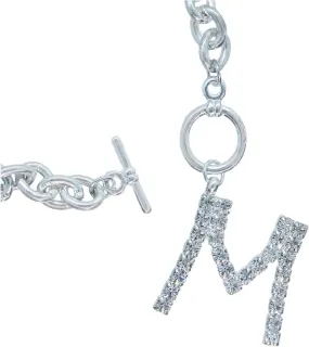 Rhinestone Initial Letter M Charm Bracelet Silver Tone Chain 7 3/4" Fashion Bracelets for Women Trendy Accessories for Women Stylish Additions